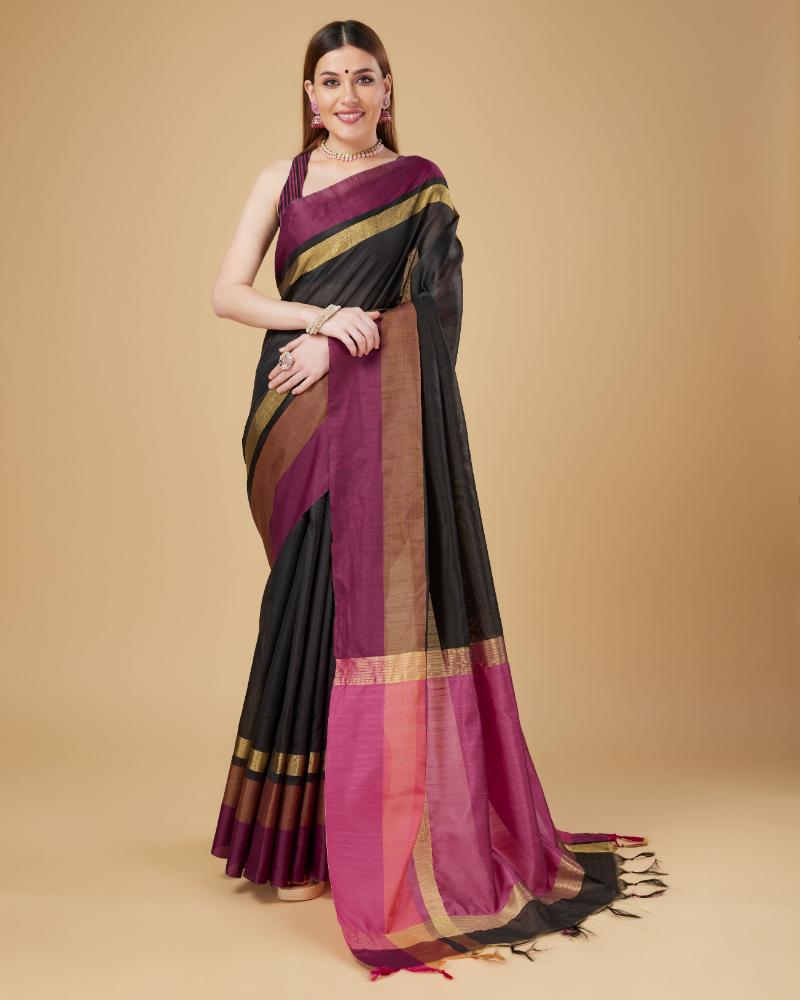 Sonakshi Women's Black Raw Silk Khadi & Zari Weaving Traditional Saree with Blouse