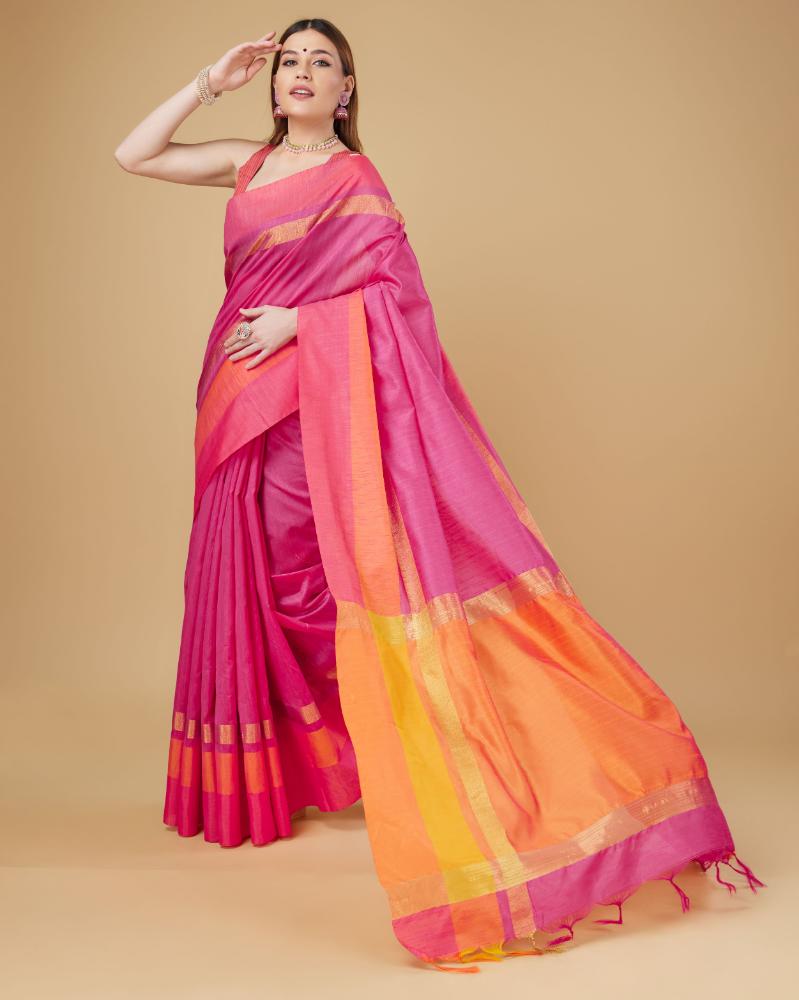 Sonakshi Women's Rani Pink Raw Silk Khadi & Zari Weaving Traditional Saree with Blouse