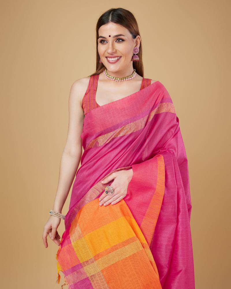 Sonakshi Women's Rani Pink Raw Silk Khadi & Zari Weaving Traditional Saree with Blouse