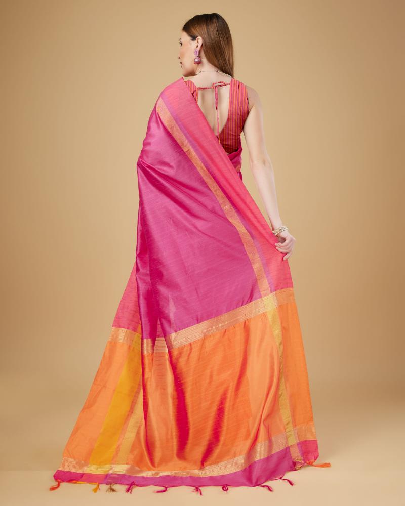 Sonakshi Women's Rani Pink Raw Silk Khadi & Zari Weaving Traditional Saree with Blouse