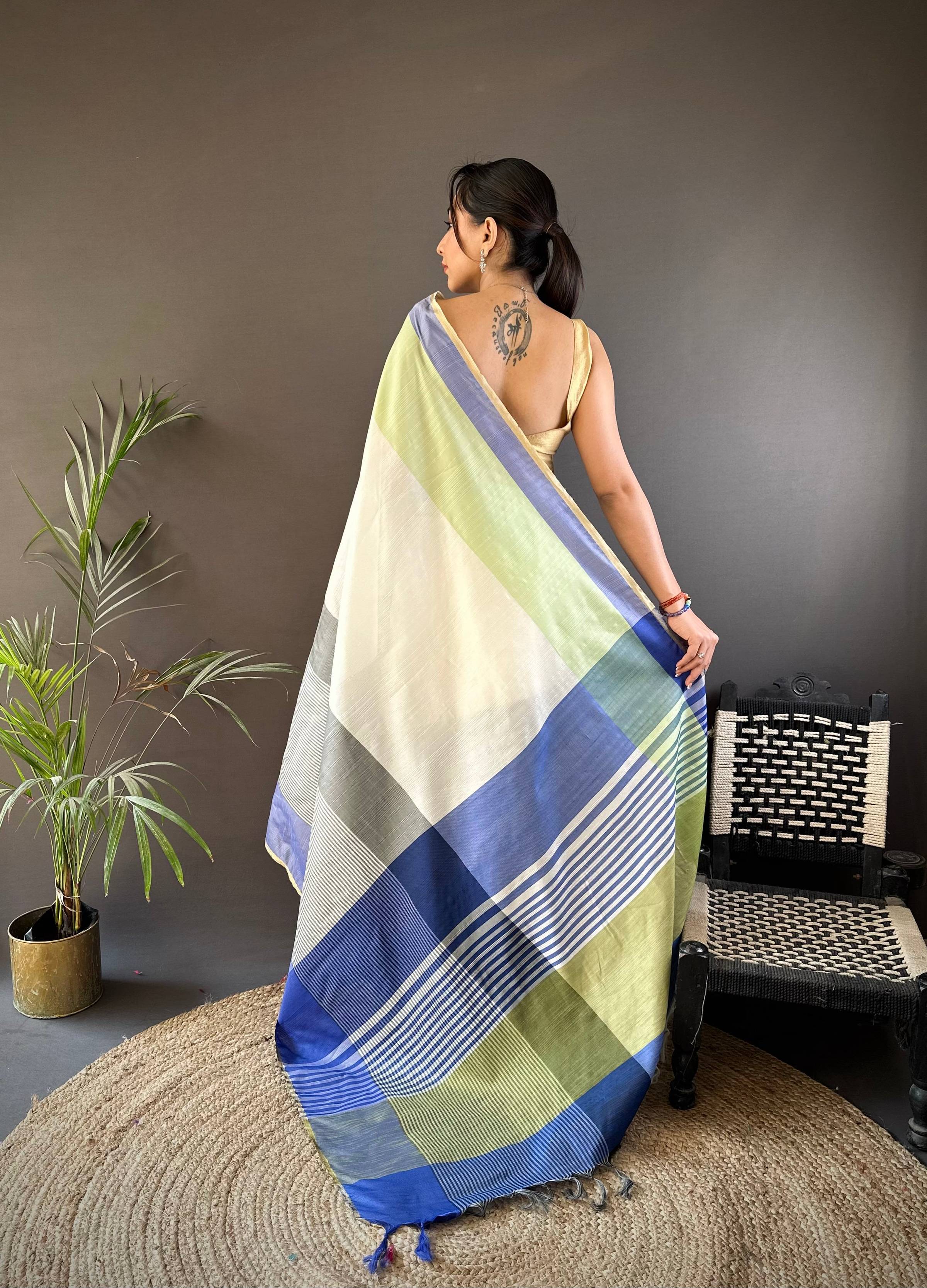 Sonakshi Women's White Raw Silk Khadi & Zari Weaving Traditional Saree with Blouse