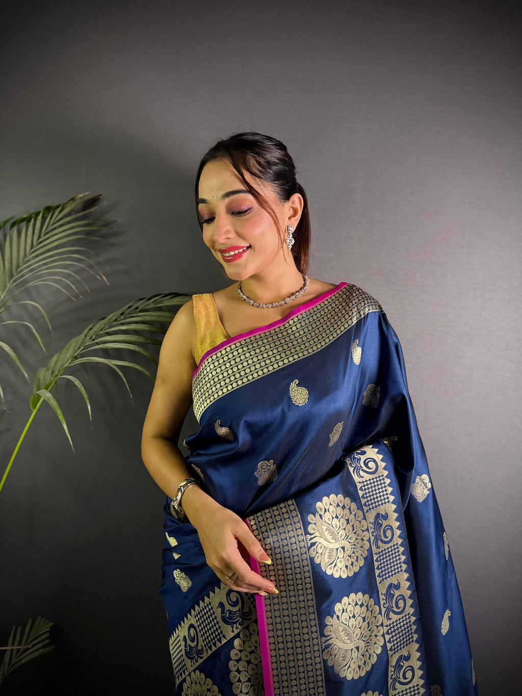 Sonakshi Women's Navy Blue Soft Banarasi Lichi Silk Golden Zari Weaving Traditional Saree with Blouse