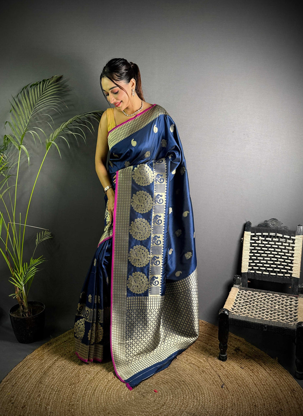 Sonakshi Women's Navy Blue Soft Banarasi Lichi Silk Golden Zari Weaving Traditional Saree with Blouse