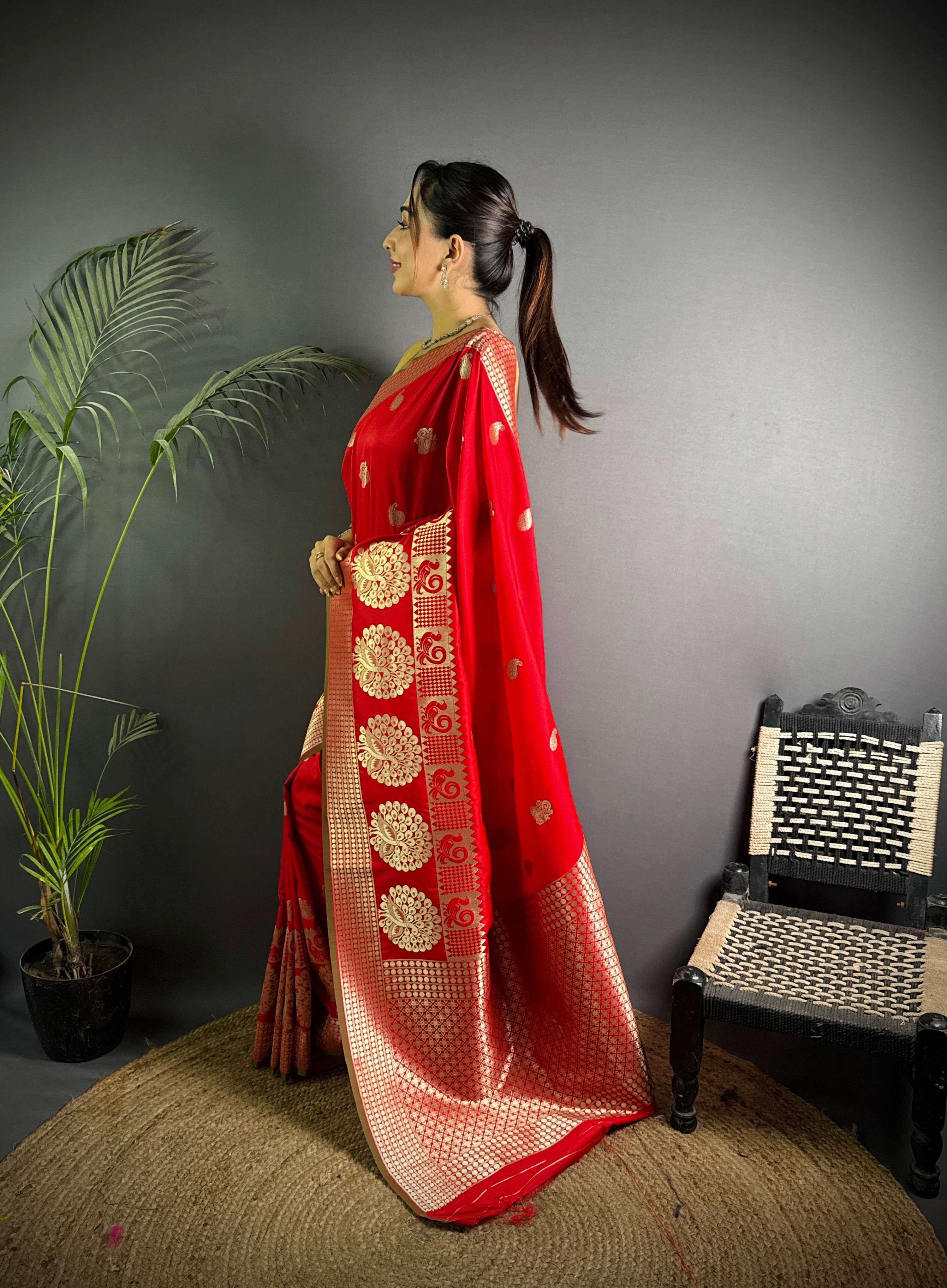 Sonakshi Women's Red Soft Banarasi Lichi Silk Golden Zari Weaving Traditional Saree with Blouse