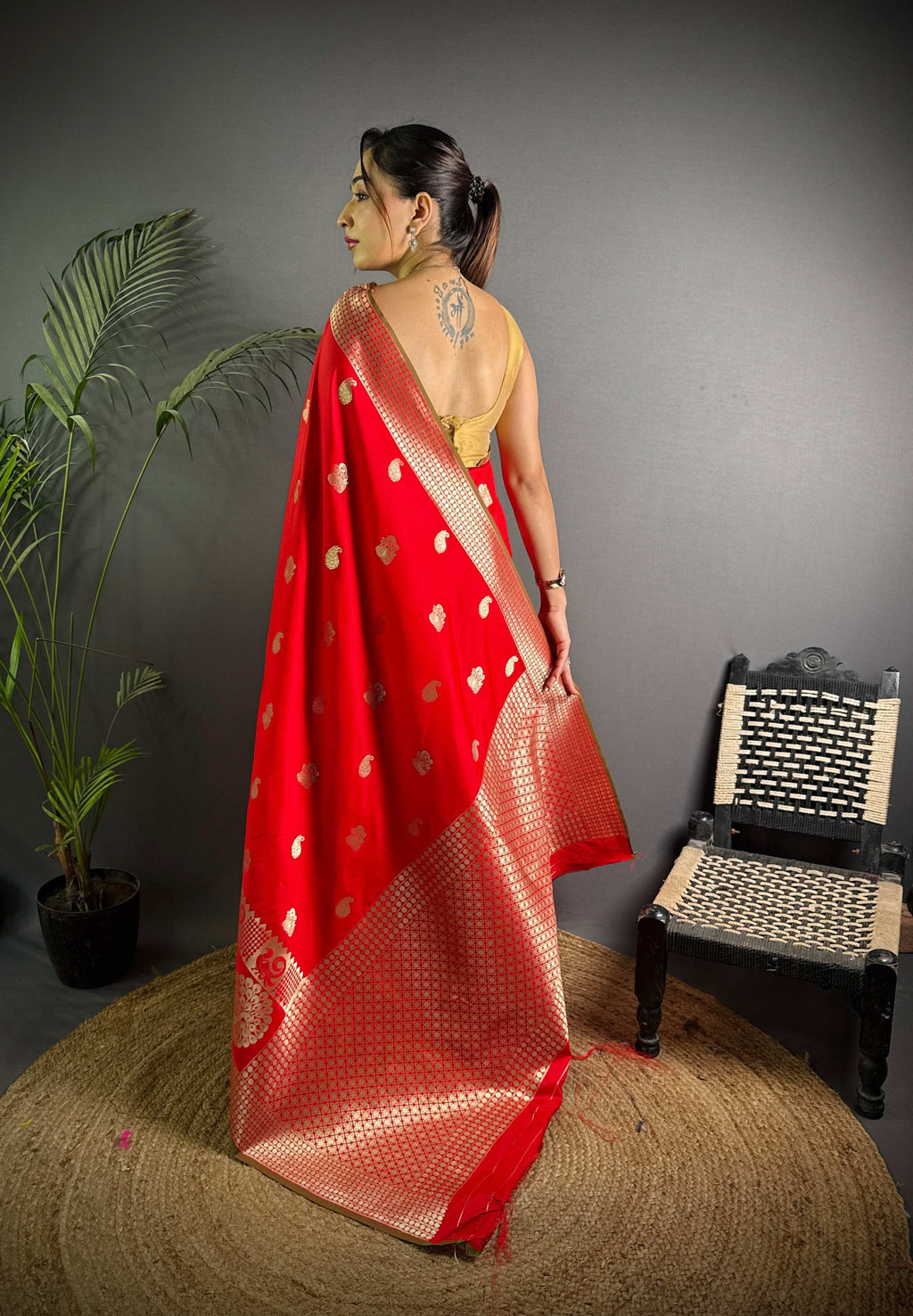 Sonakshi Women's Red Soft Banarasi Lichi Silk Golden Zari Weaving Traditional Saree with Blouse