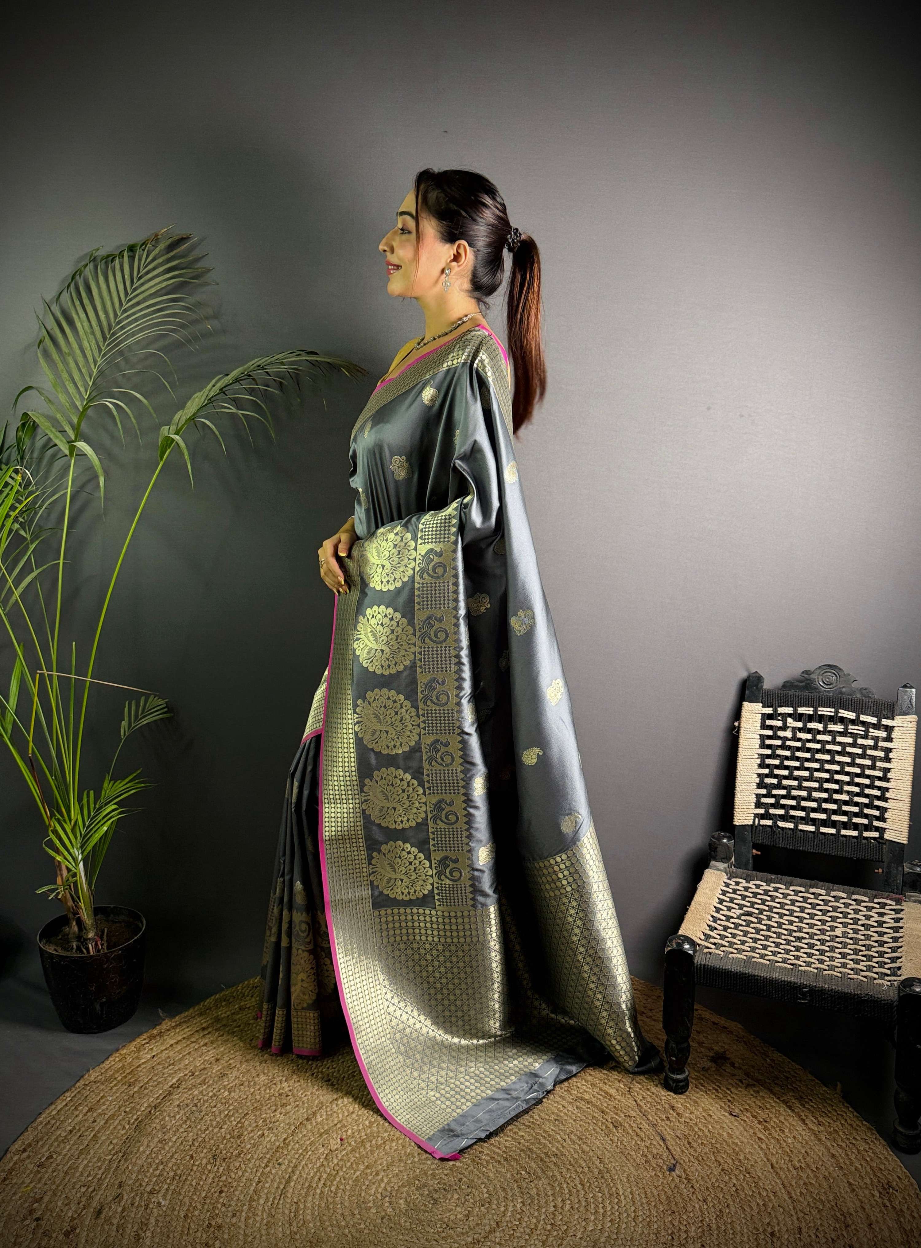 Sonakshi Women's Grey Soft Banarasi Lichi Silk Golden Zari Weaving Traditional Saree with Blouse