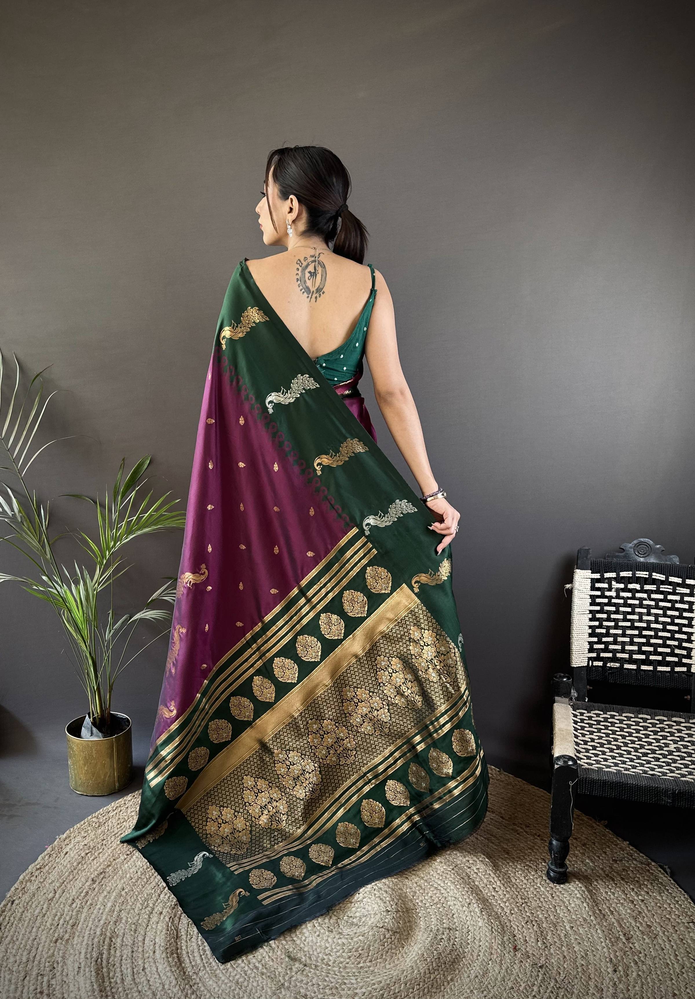 Sonakshi Women's Wine Soft Banarasi Silk Zari Weaving Traditional Saree with Blouse