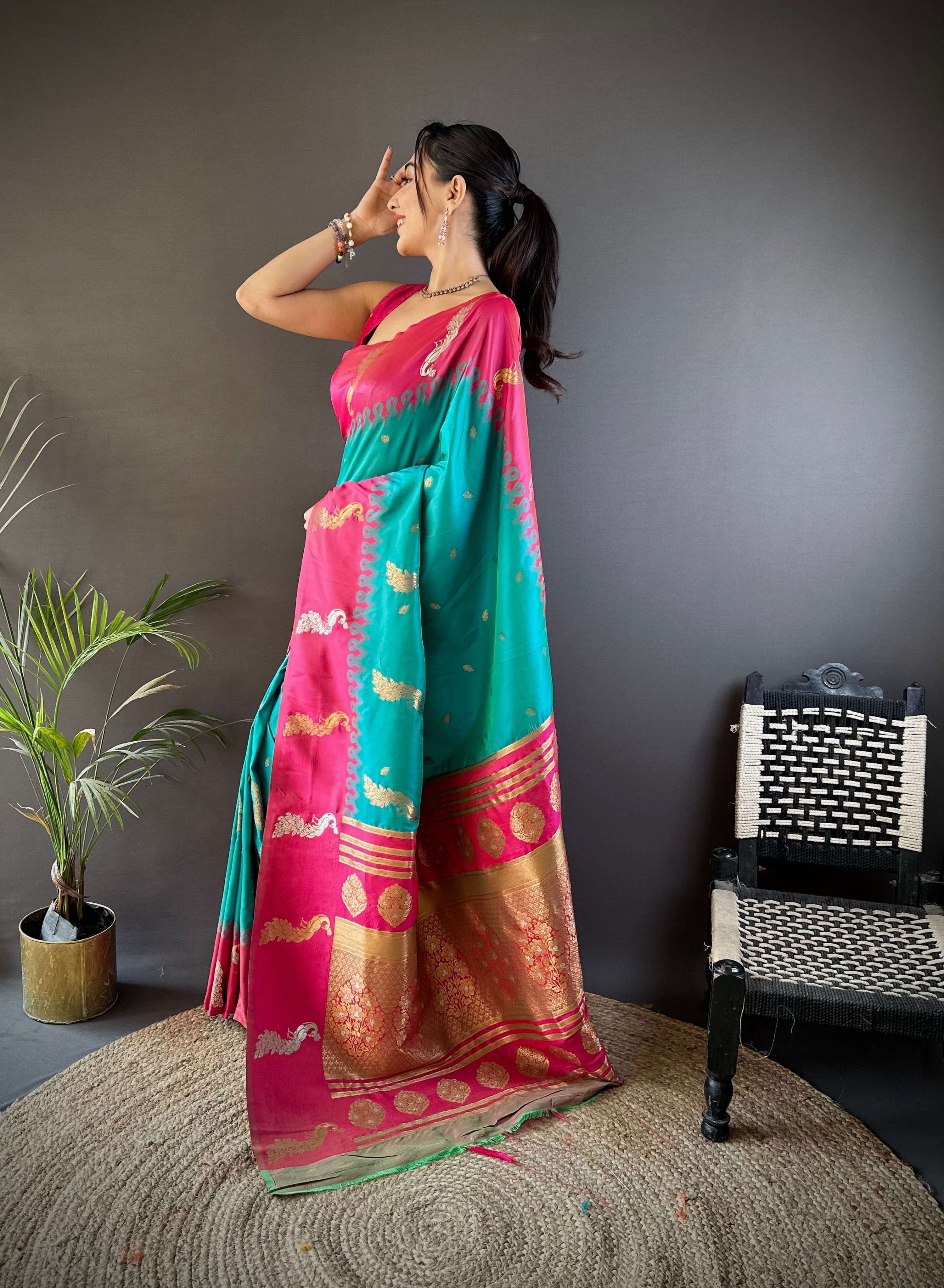 Sonakshi Women's Teal Soft Banarasi Silk Zari Weaving Traditional Saree with Blouse