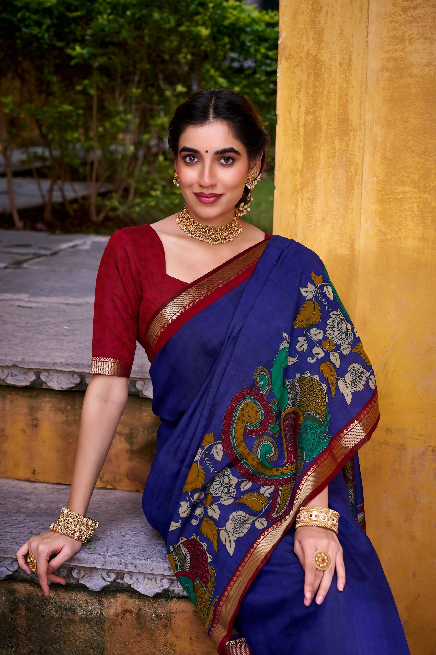 Vastranavya Blue Viscose Chanderi Kalamkari Print with Zari Working Saree & Unstitched Blouse