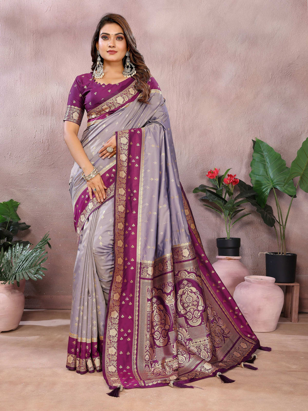 Aastha Fashion Grey Kalamkari Silk Zari Woven Saree