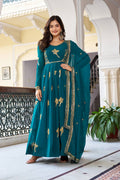 Lehenga Mart Designer Anarkali Suit With Kurta Palazzo Dupatta For Women-Teal Blue