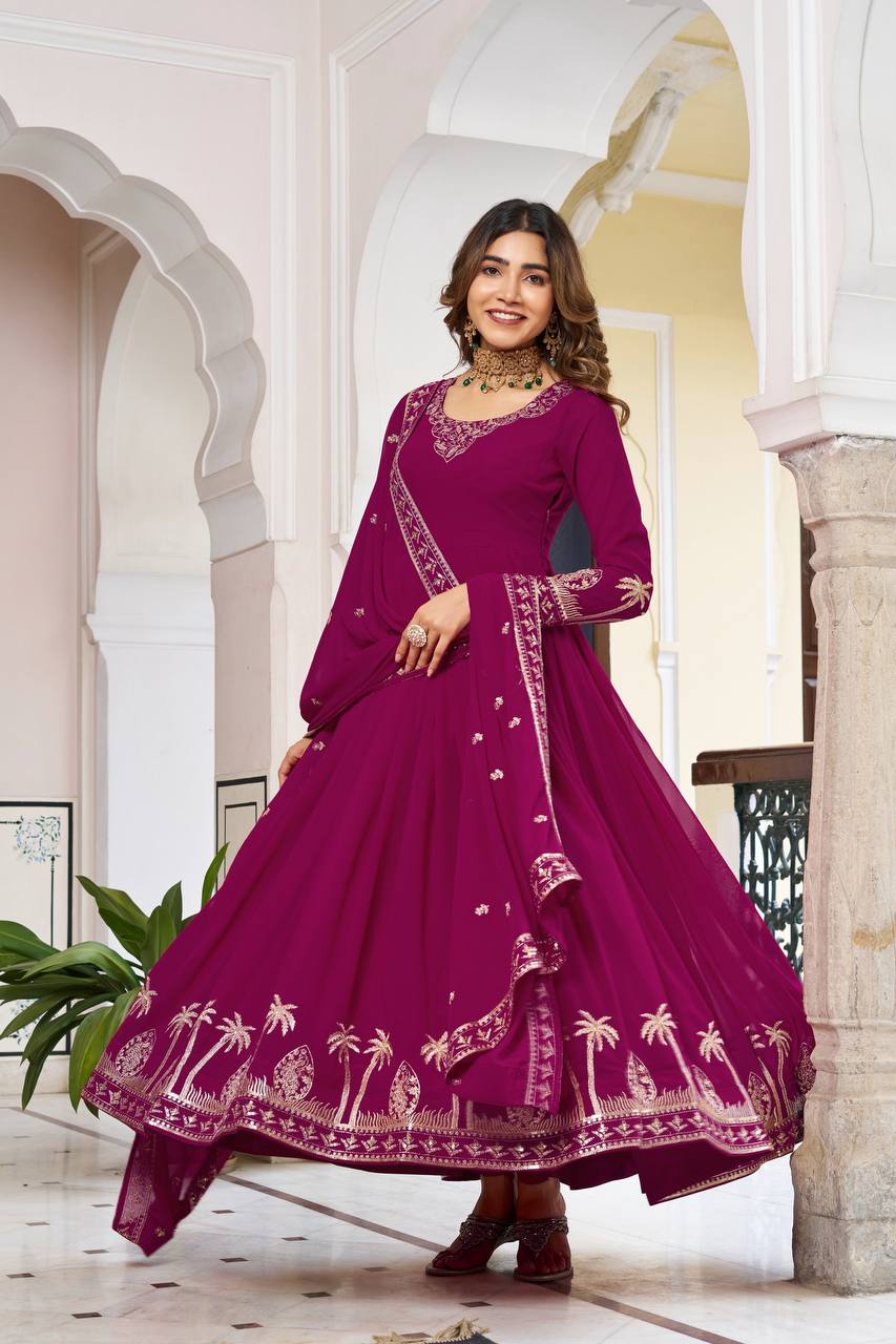 Lehenga Mart Designer Anarkali Suit With Kurta Palazzo Dupatta For Women-Wine