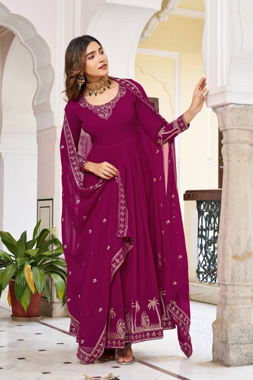 Lehenga Mart Designer Anarkali Suit With Kurta Palazzo Dupatta For Women-Wine