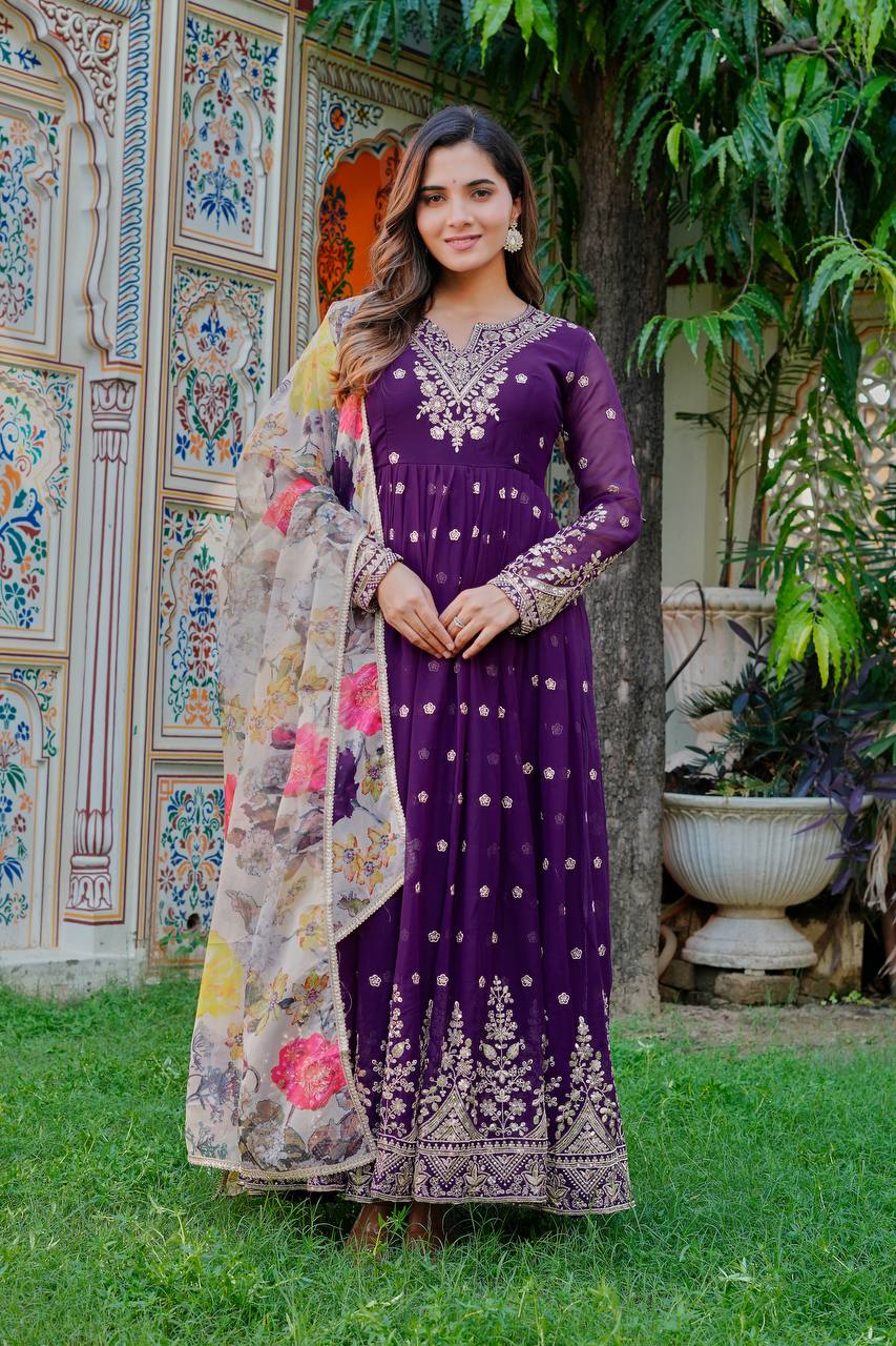 Lehenga Mart Designer Anarkali Suit With Kurta Palazzo Dupatta For Women-Purple