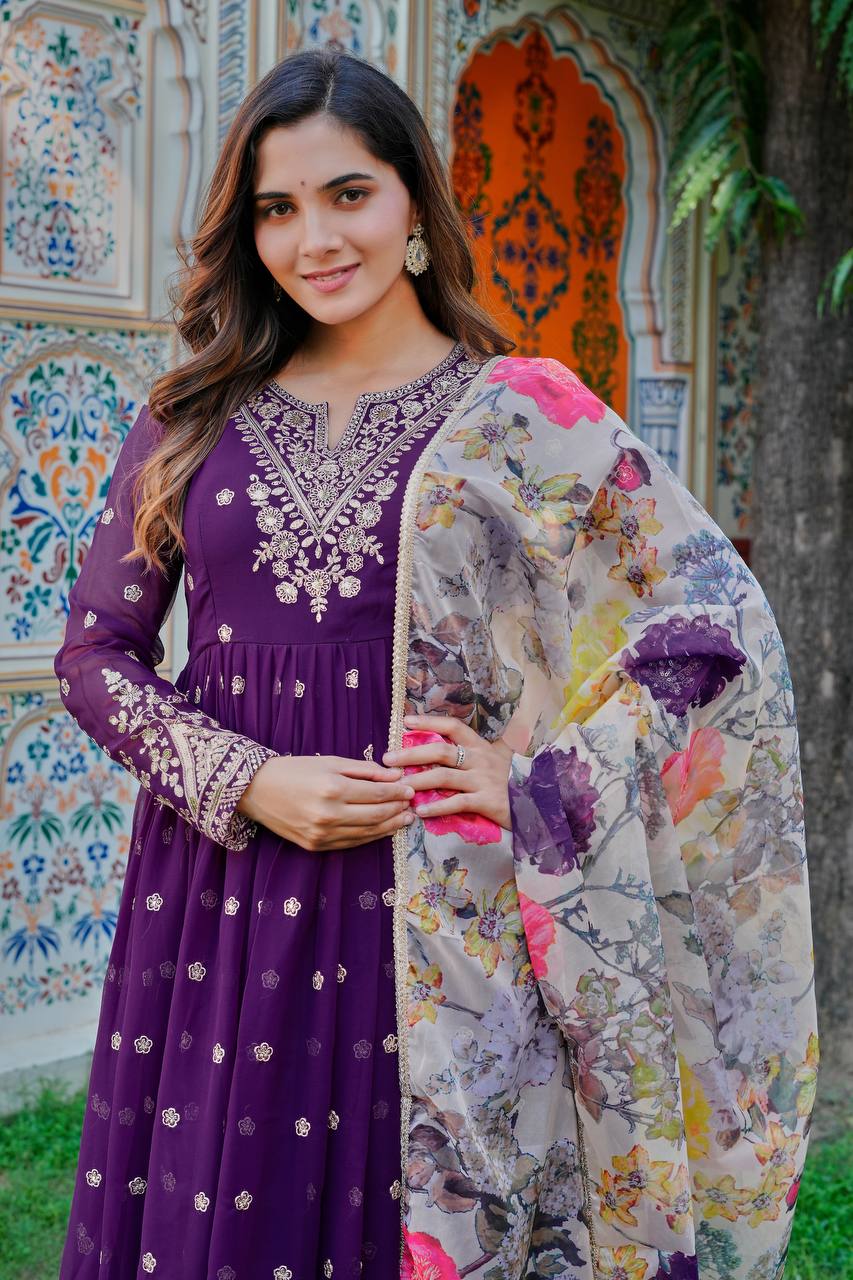 Lehenga Mart Designer Anarkali Suit With Kurta Palazzo Dupatta For Women-Purple