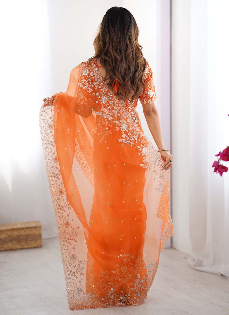 Prazu Fashion Orange Thread Sequence Organza Silk Party Wear Saree