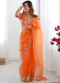 Prazu Fashion Orange Thread Sequence Organza Silk Party Wear Saree