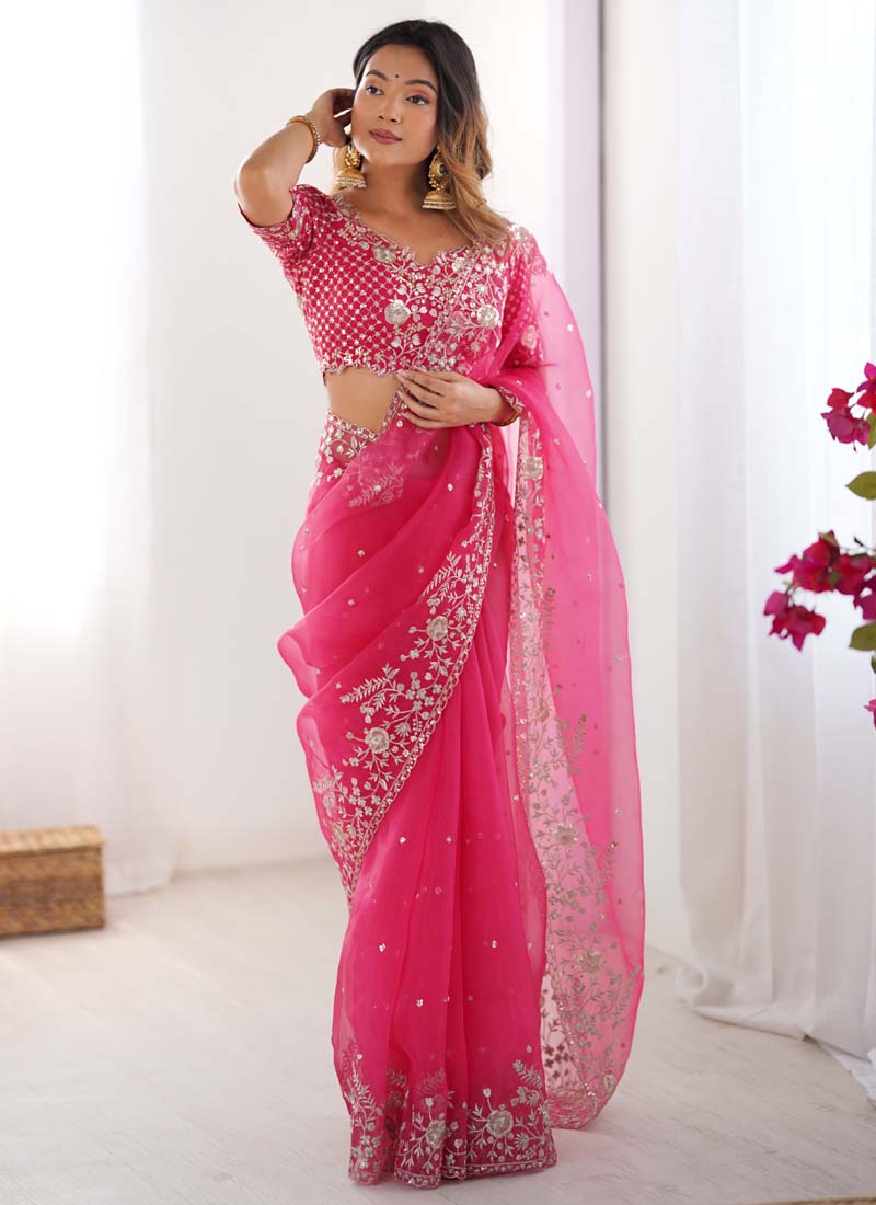 Prazu Fashion Pink Thread Sequence Organza Silk Party Wear Saree