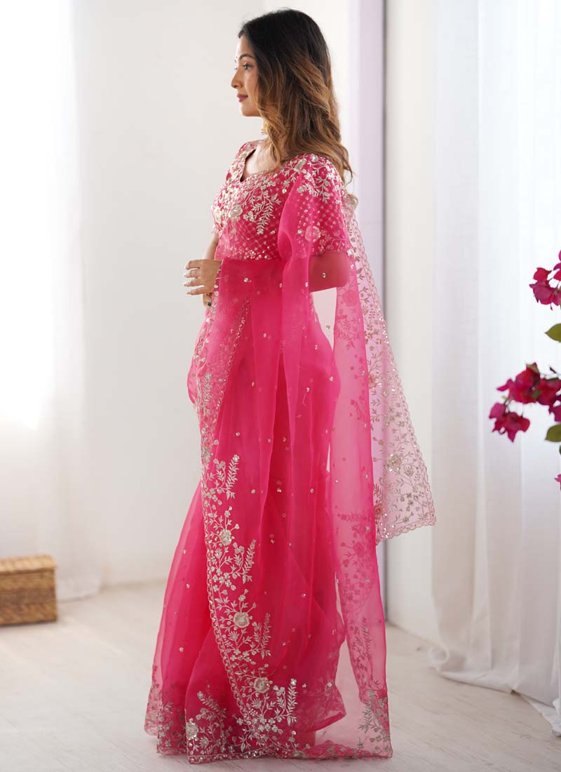 Prazu Fashion Pink Thread Sequence Organza Silk Party Wear Saree