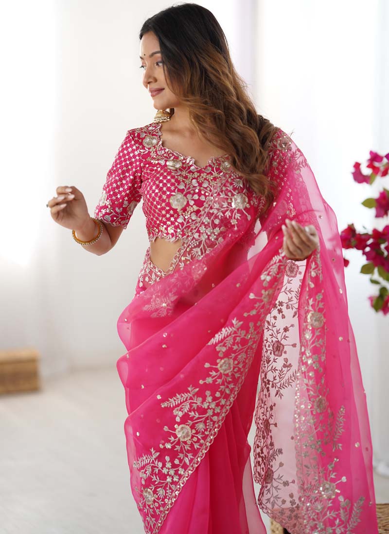 Prazu Fashion Pink Thread Sequence Organza Silk Party Wear Saree