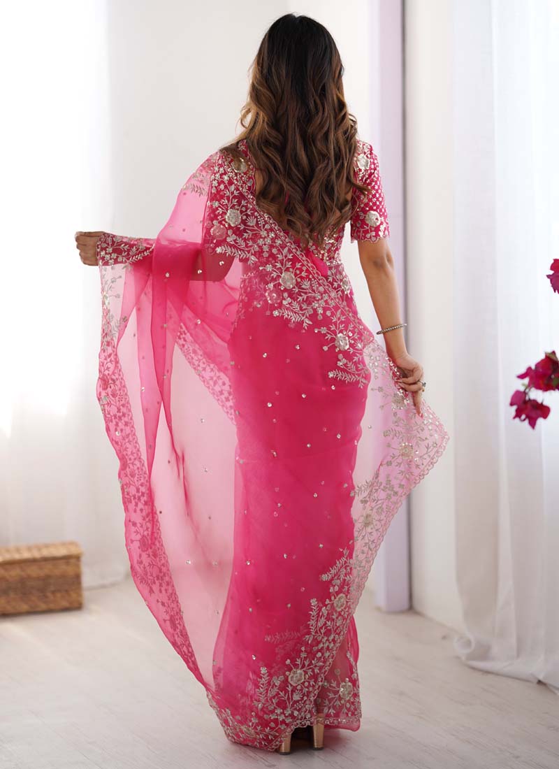 Prazu Fashion Pink Thread Sequence Organza Silk Party Wear Saree