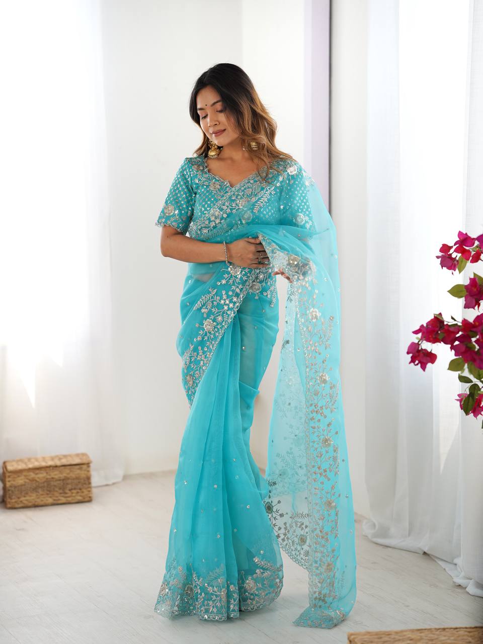Prazu Fashion Sky Blue Thread Sequence Organza Silk Party Wear Saree