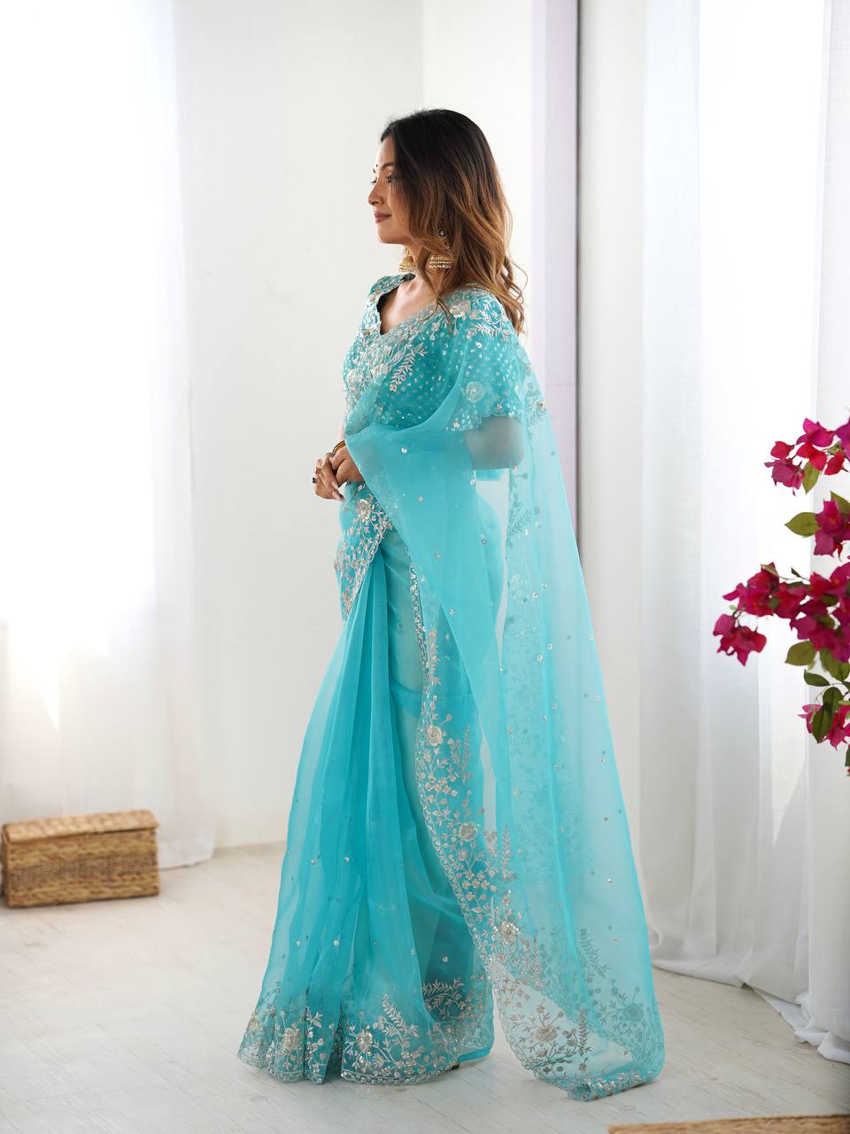 Prazu Fashion Sky Blue Thread Sequence Organza Silk Party Wear Saree