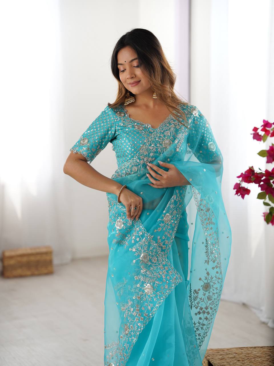 Prazu Fashion Sky Blue Thread Sequence Organza Silk Party Wear Saree