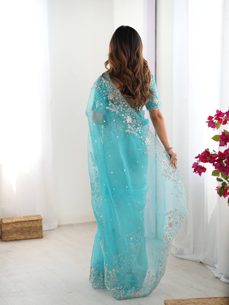 Prazu Fashion Sky Blue Thread Sequence Organza Silk Party Wear Saree