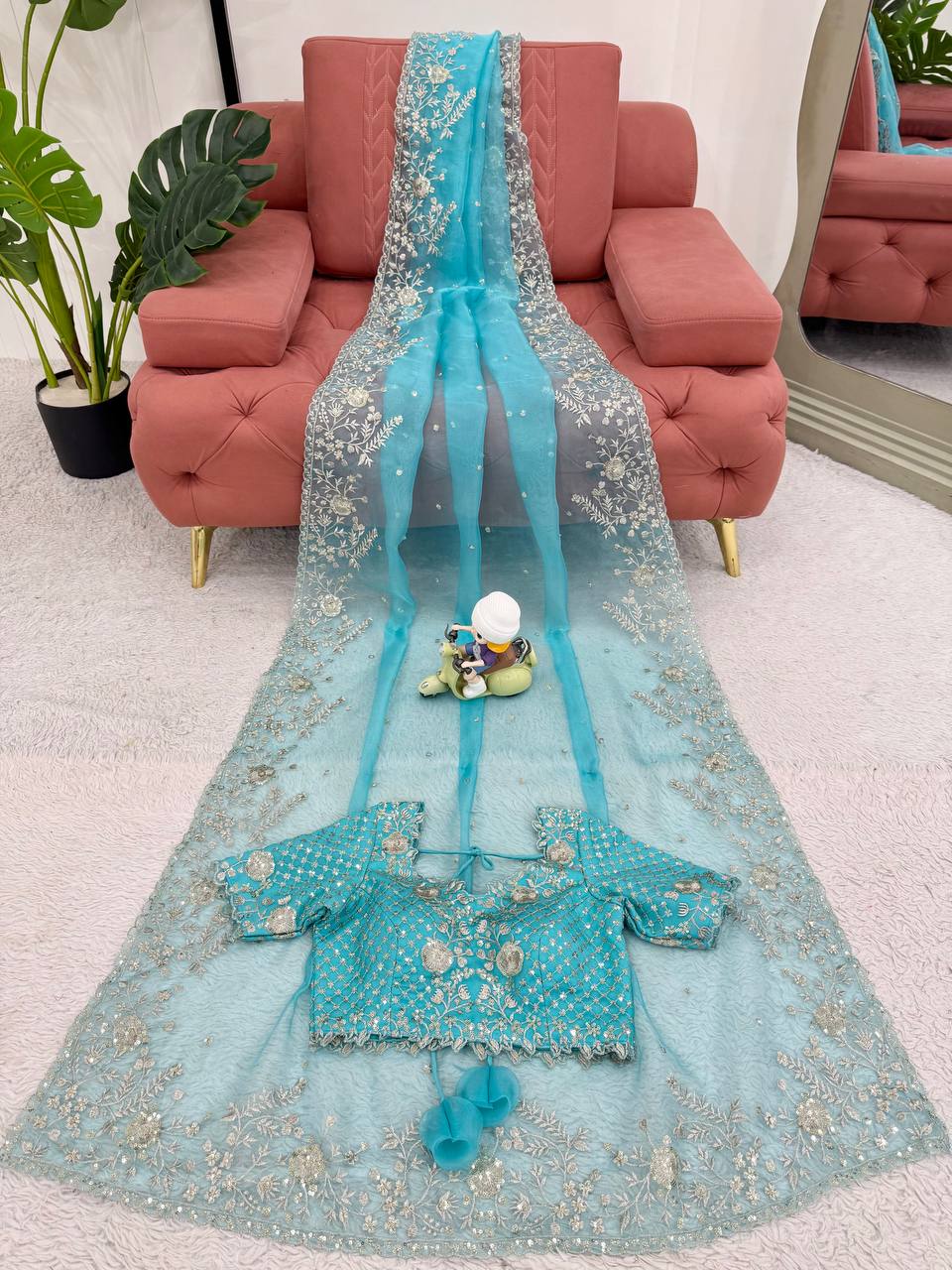 Prazu Fashion Sky Blue Thread Sequence Organza Silk Party Wear Saree