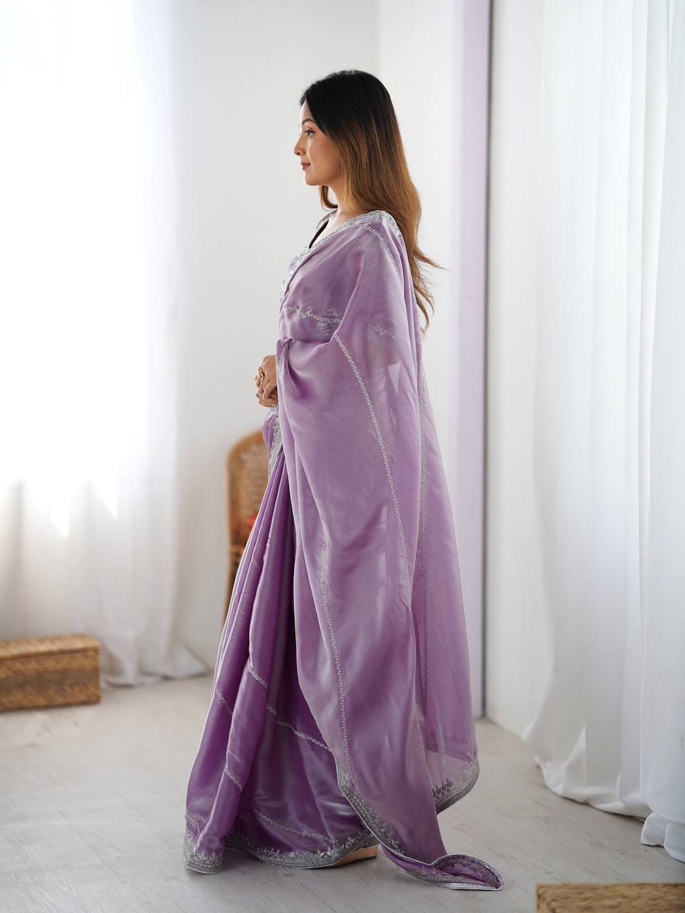 Prazu Fashion Lavender Thread Sequence Organza Silk Party Wear Saree