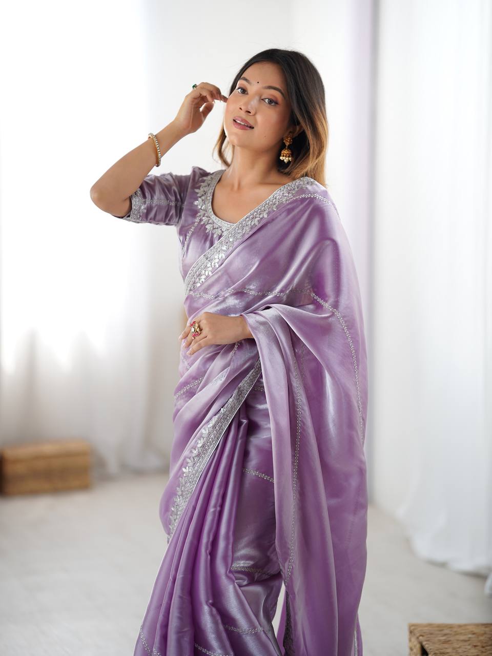 Prazu Fashion Lavender Thread Sequence Organza Silk Party Wear Saree