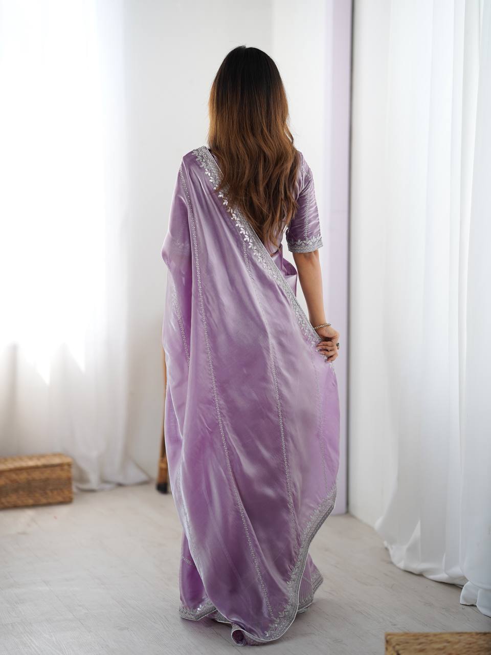Prazu Fashion Lavender Thread Sequence Organza Silk Party Wear Saree