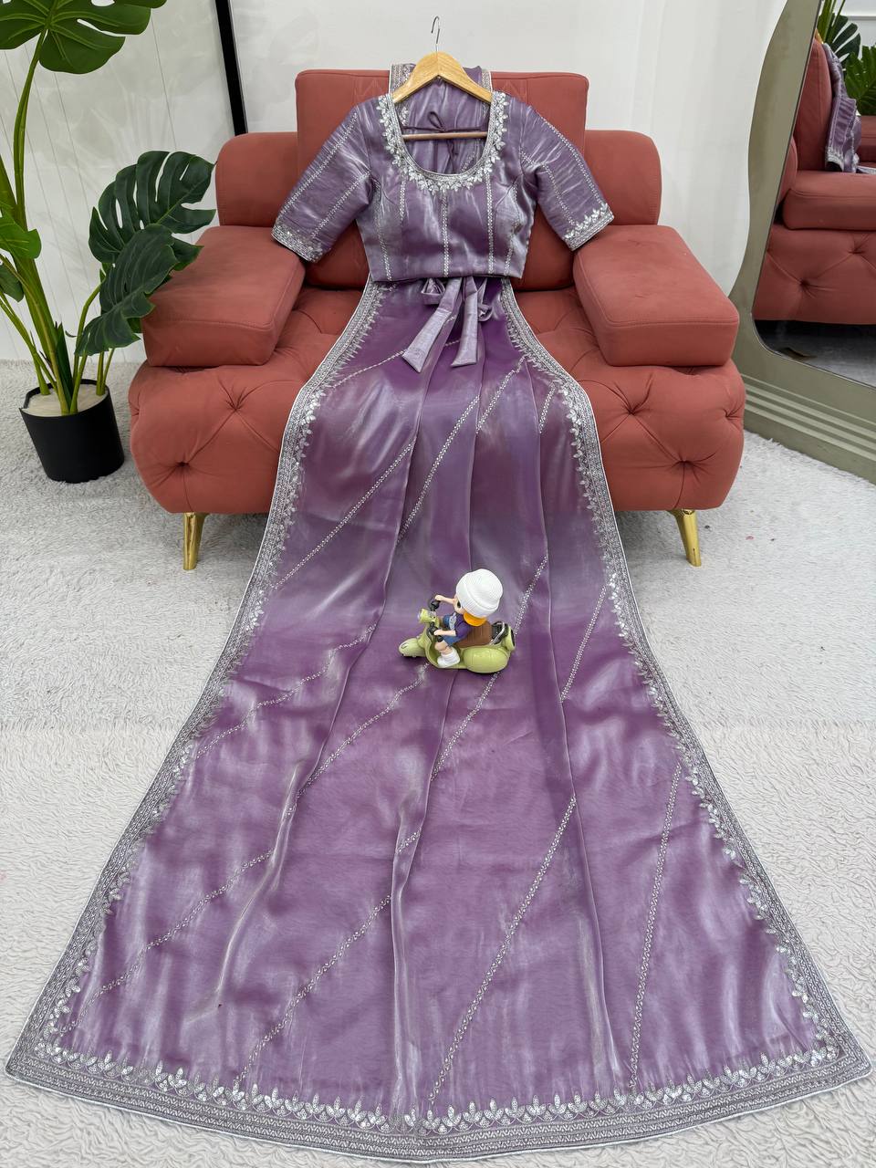 Prazu Fashion Lavender Thread Sequence Organza Silk Party Wear Saree