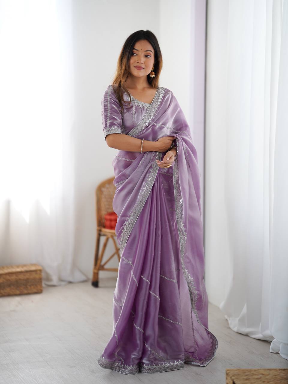 Prazu Fashion Lavender Thread Sequence Organza Silk Party Wear Saree