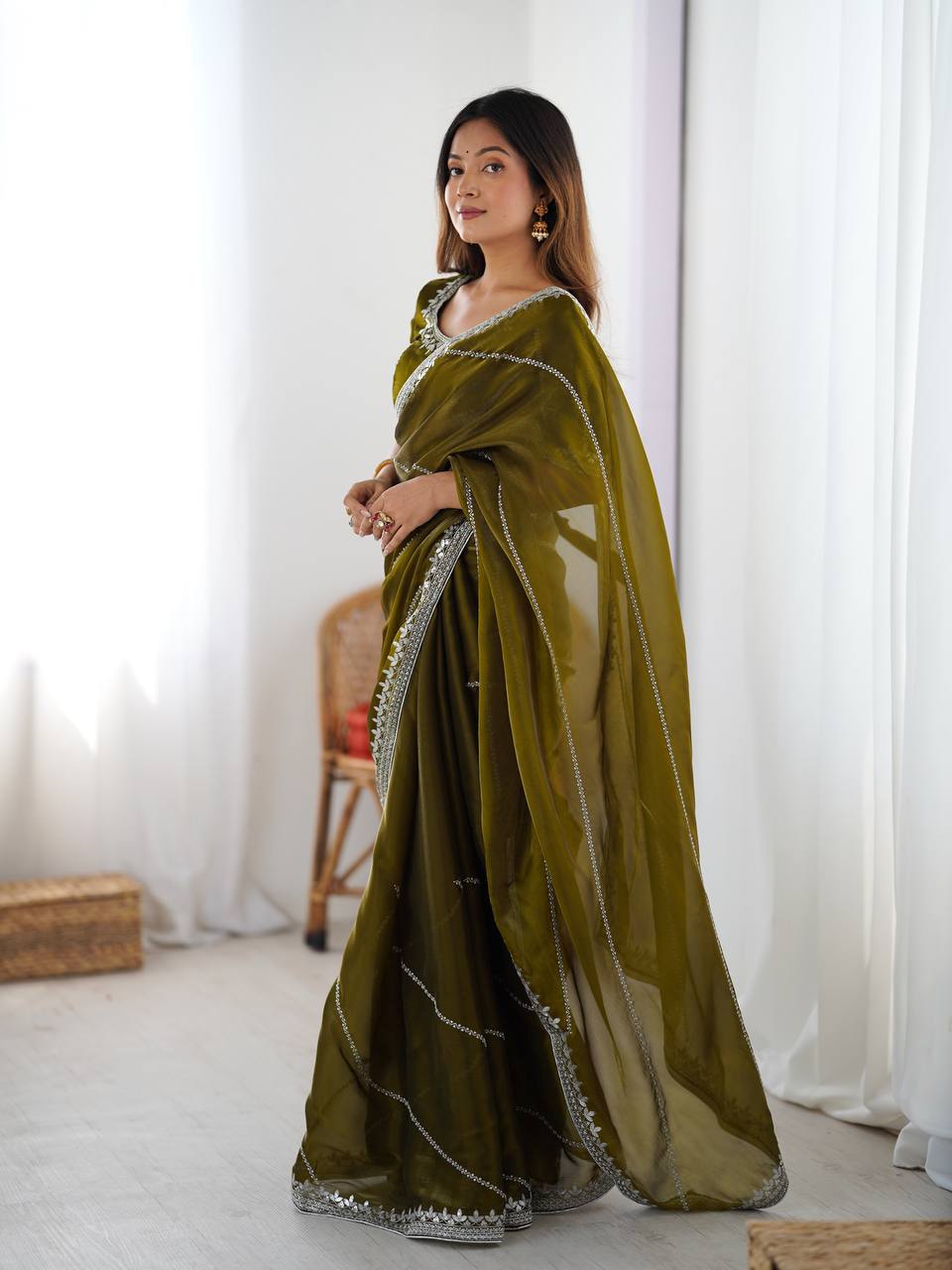 Prazu Fashion Mehndi Thread Sequins Organza Silk Party Wear Saree