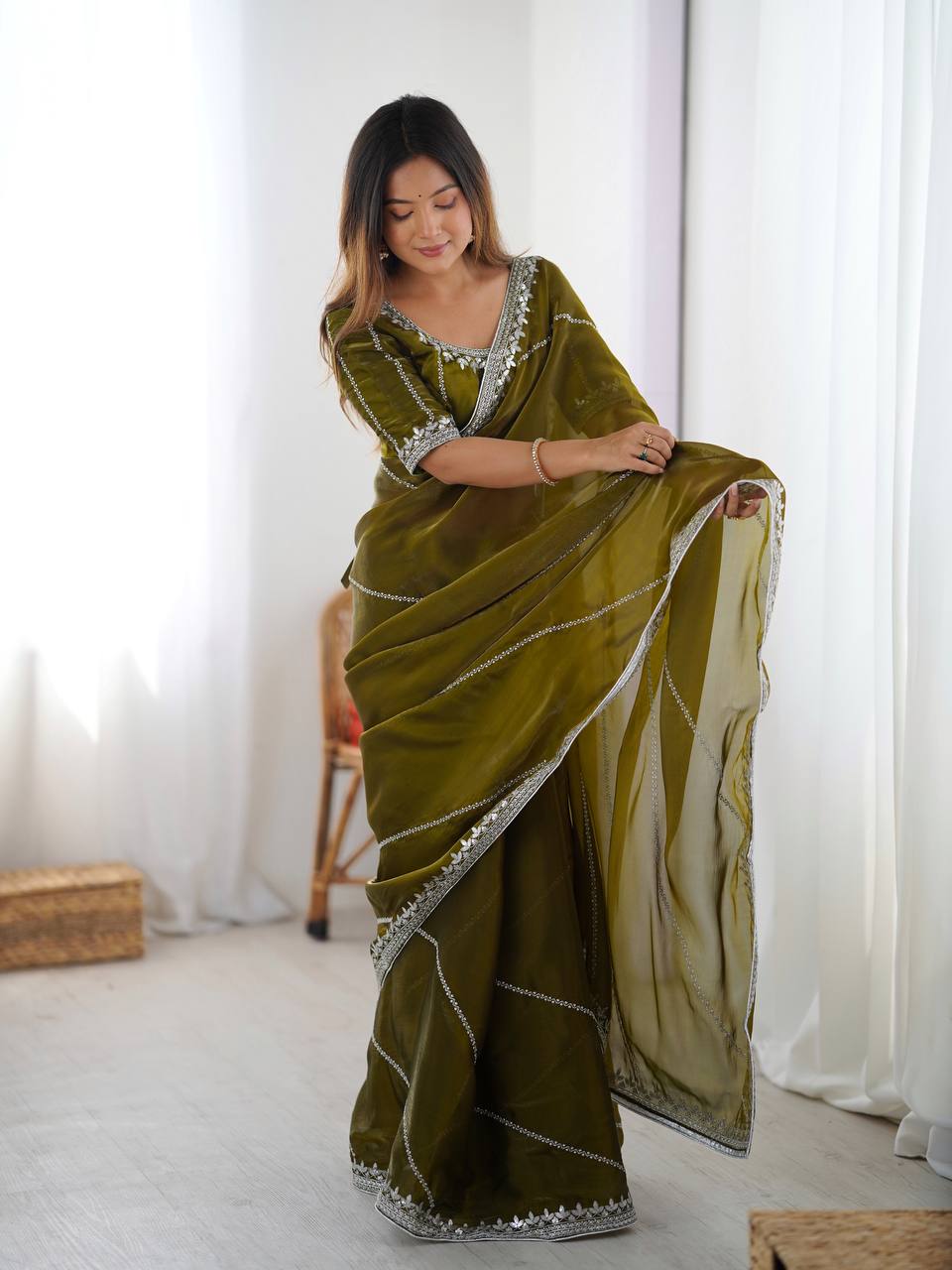 Prazu Fashion Mehndi Thread Sequins Organza Silk Party Wear Saree