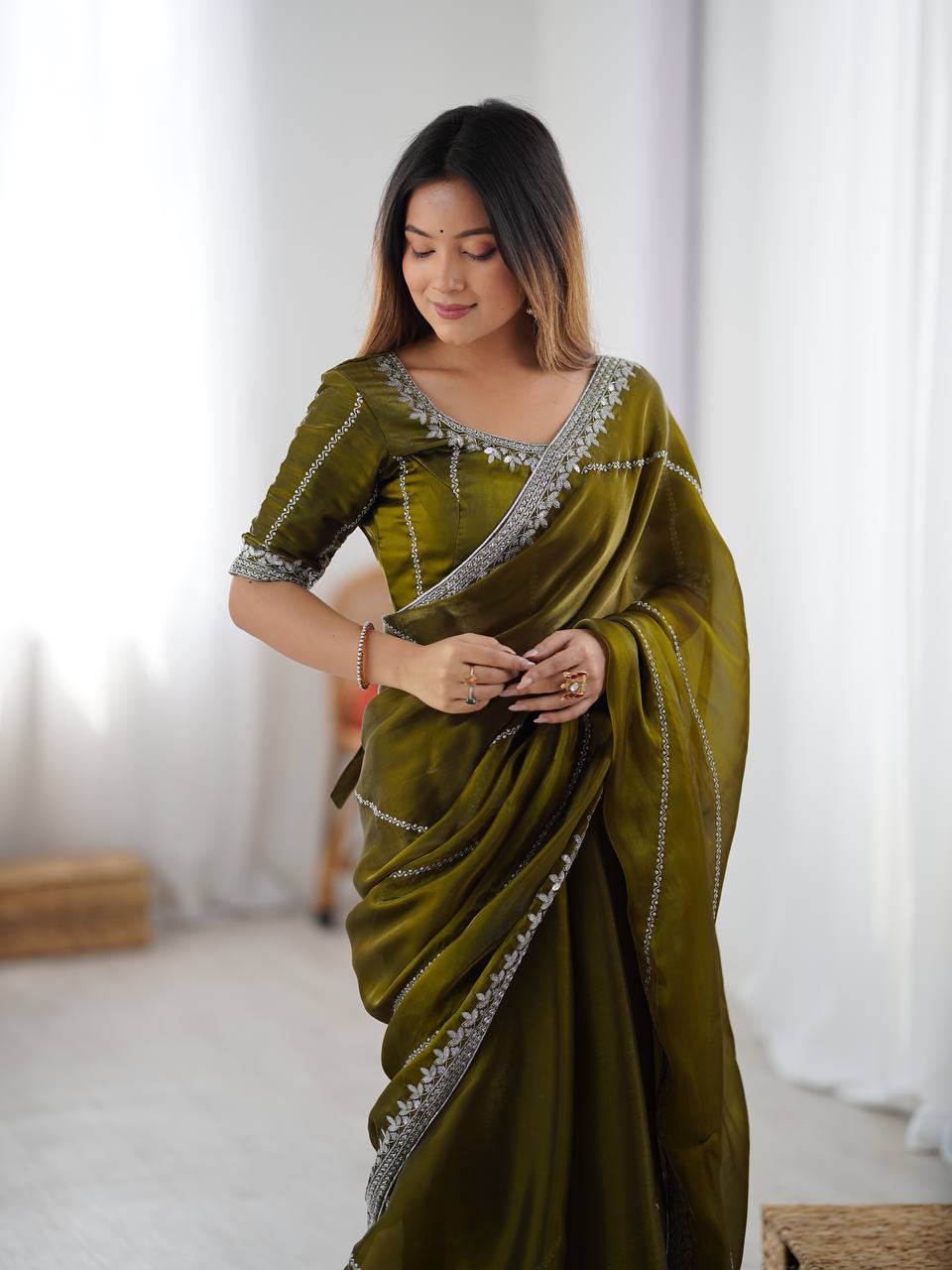 Prazu Fashion Mehndi Thread Sequins Organza Silk Party Wear Saree