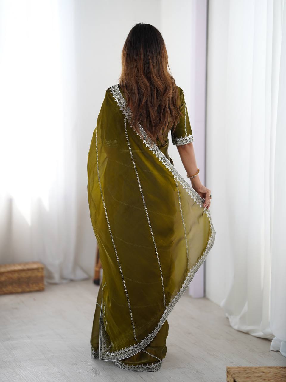 Prazu Fashion Mehndi Thread Sequins Organza Silk Party Wear Saree