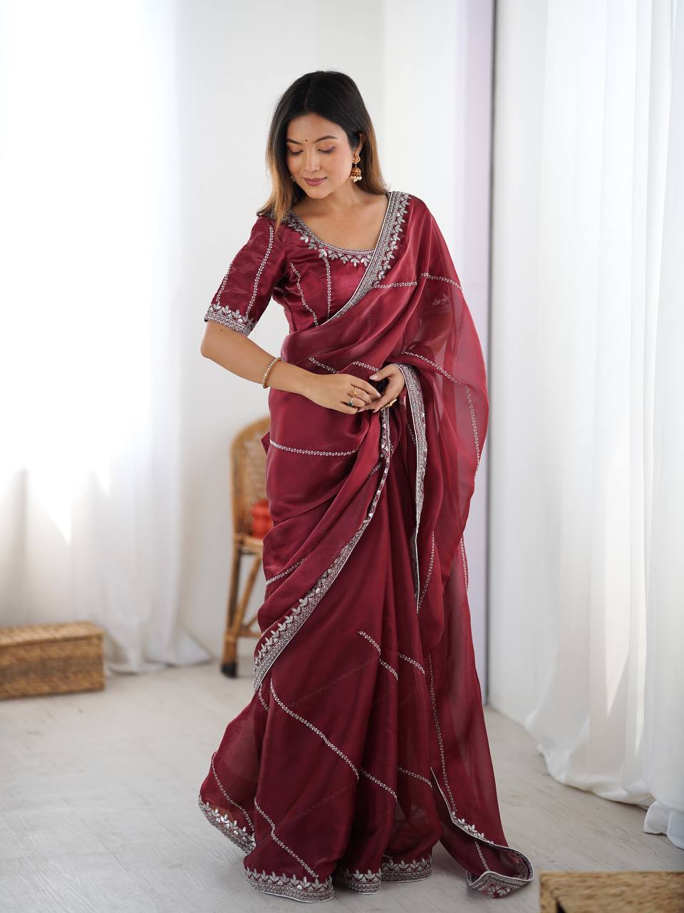 Prazu Fashion Maroon Thread Sequence Organza Silk Party Wear Saree