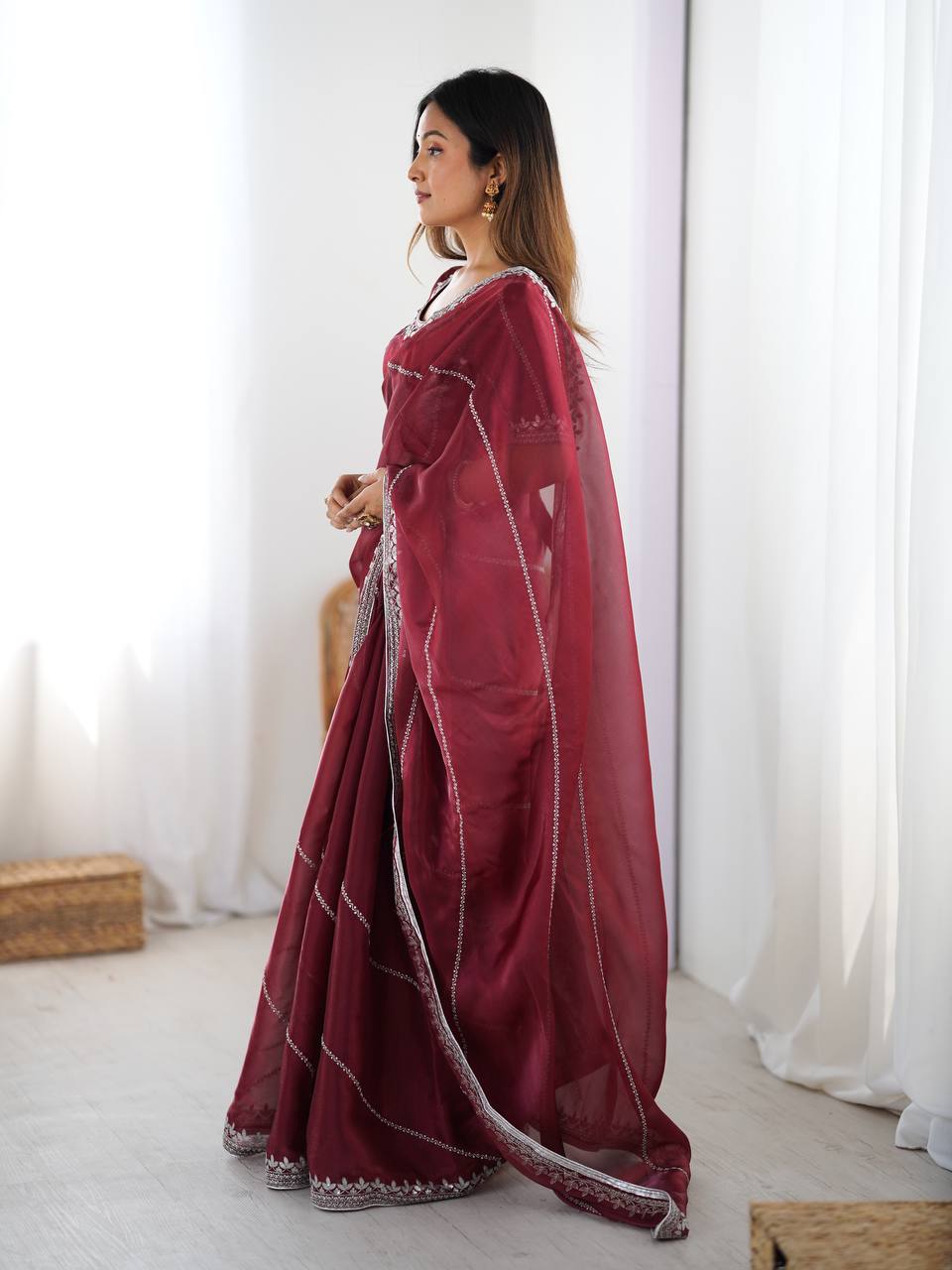 Prazu Fashion Maroon Thread Sequence Organza Silk Party Wear Saree