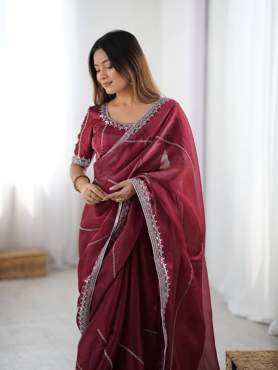 Prazu Fashion Maroon Thread Sequence Organza Silk Party Wear Saree