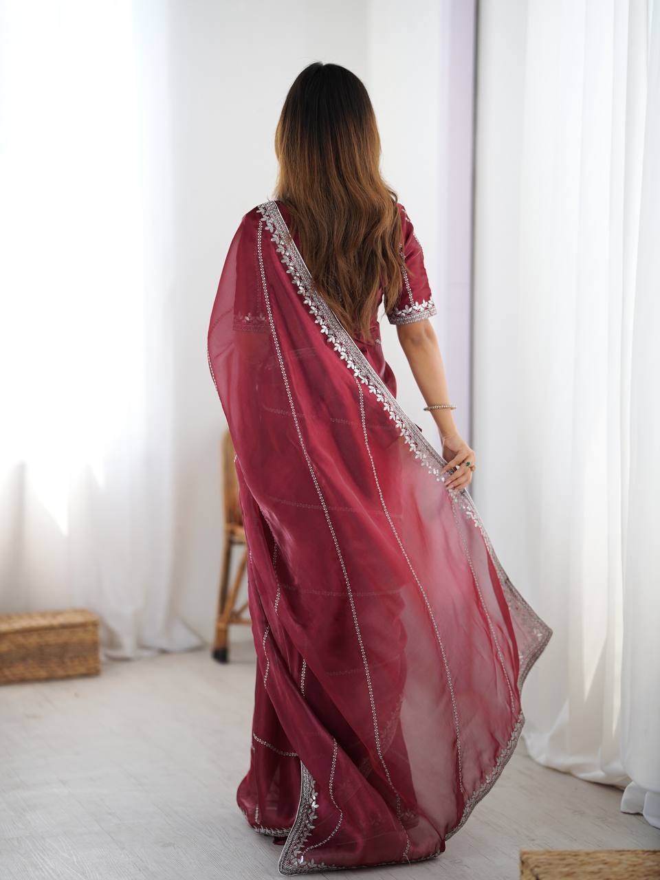 Prazu Fashion Maroon Thread Sequence Organza Silk Party Wear Saree