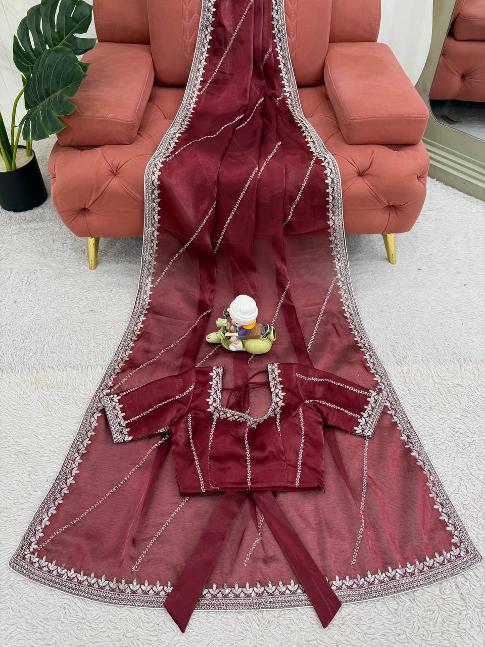 Prazu Fashion Maroon Thread Sequence Organza Silk Party Wear Saree