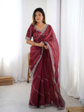 Prazu Fashion Maroon Thread Sequence Organza Silk Party Wear Saree