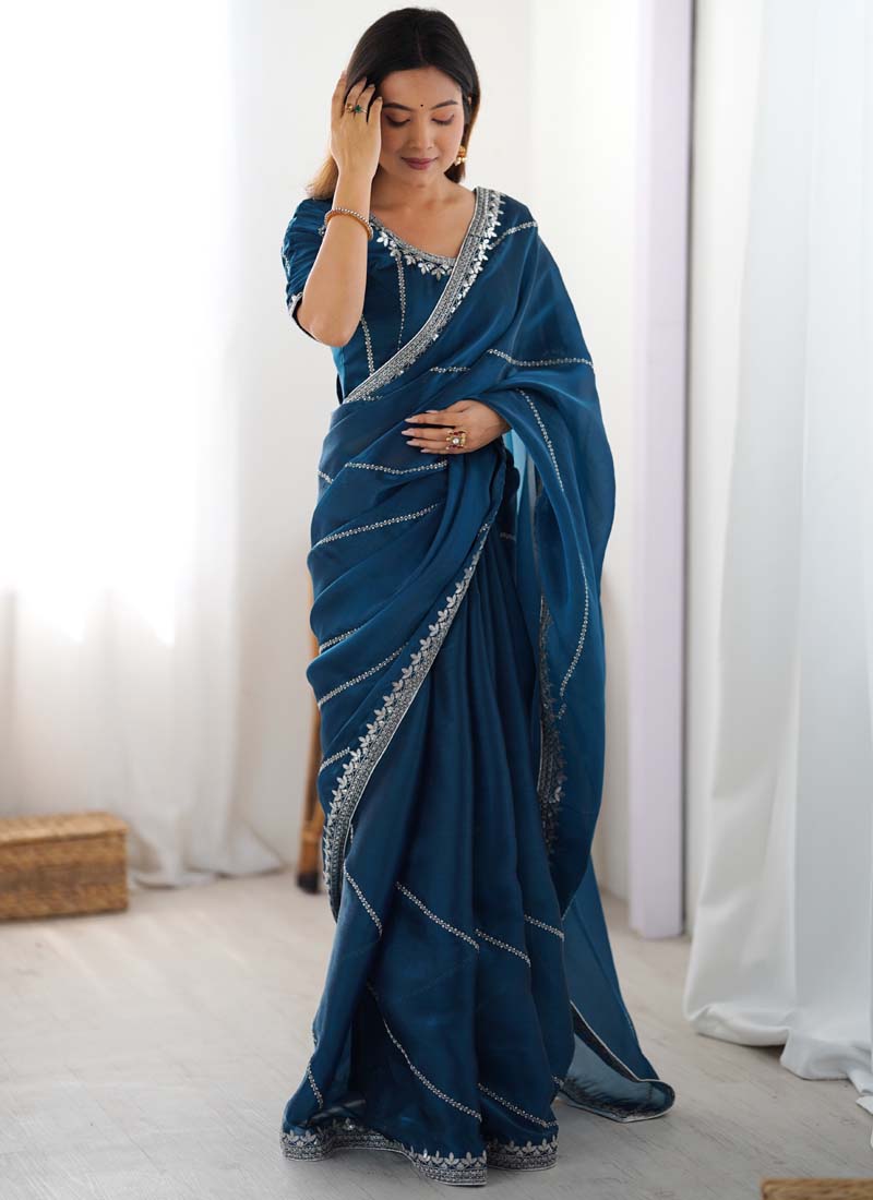 Prazu Fashion Rama Thread Sequence Organza Silk Party Wear Saree