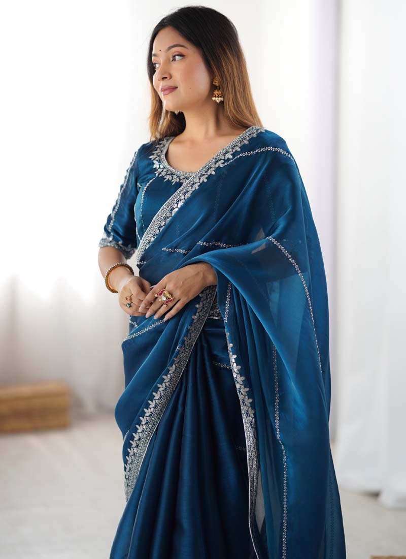 Prazu Fashion Rama Thread Sequence Organza Silk Party Wear Saree