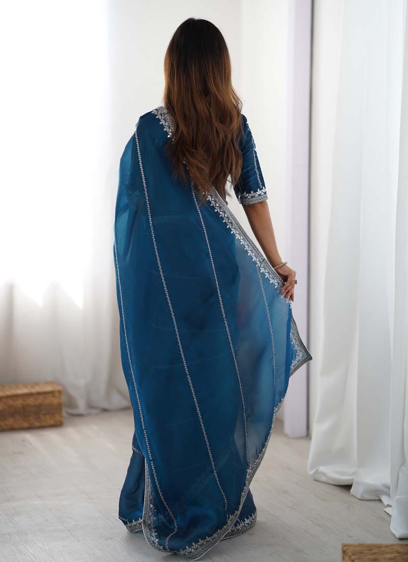 Prazu Fashion Rama Thread Sequence Organza Silk Party Wear Saree