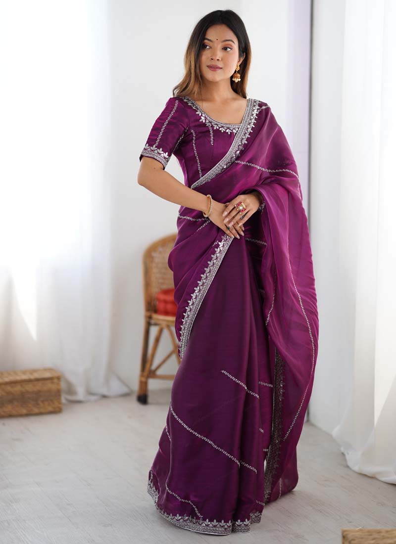 Prazu Fashion Wine Thread Sequence Organza Silk Party Wear Saree