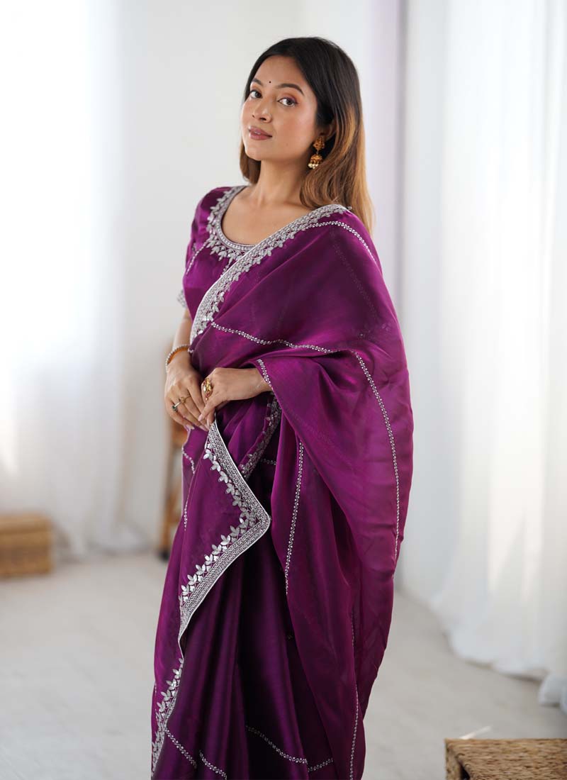 Prazu Fashion Wine Thread Sequence Organza Silk Party Wear Saree